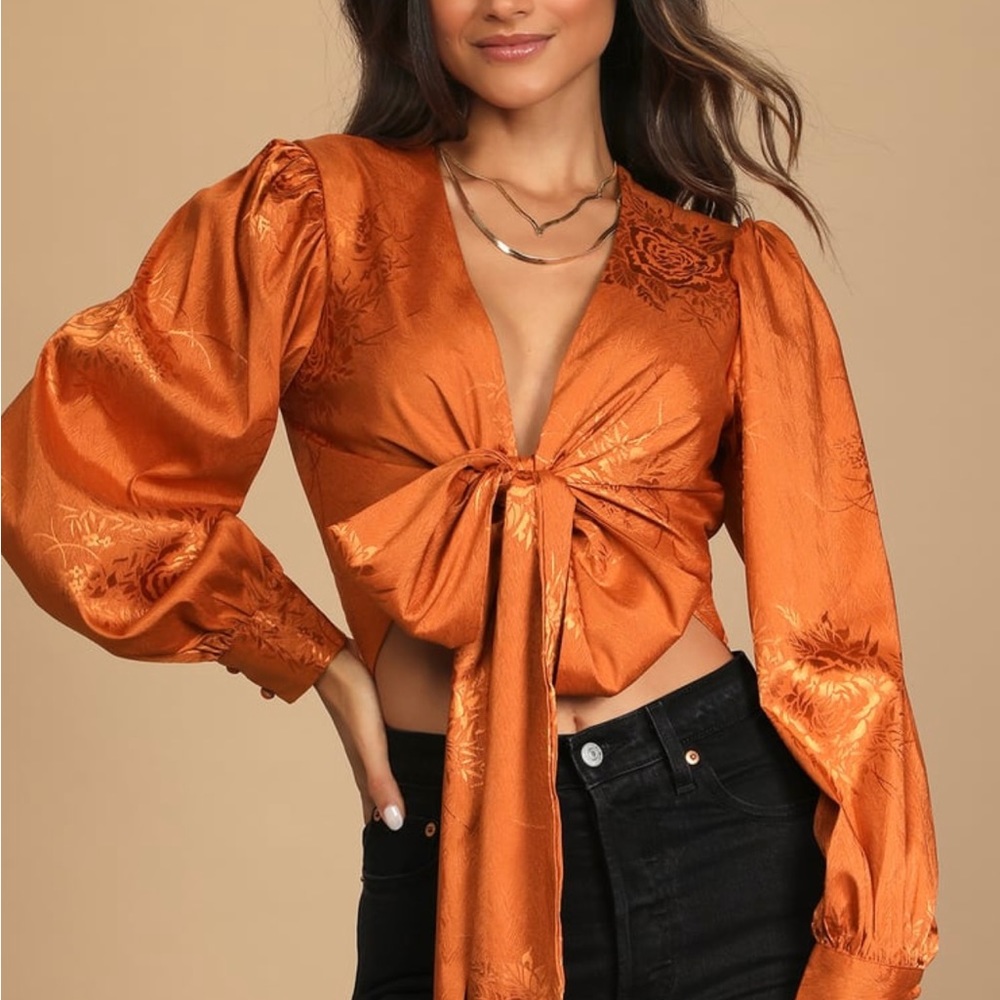 NWT LuLu’s Highly Iconic Rust Orange Satin Jacquard Tie-Front Crop Top